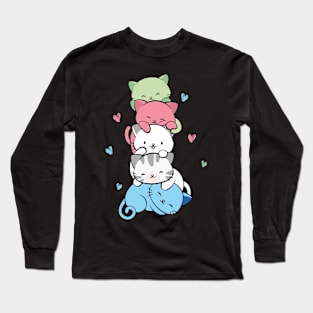 Transgender Pride Cat LGBT Trans Flag Cute Kawaii Cat Pile Trans Clothing For Women Long Sleeve T-Shirt